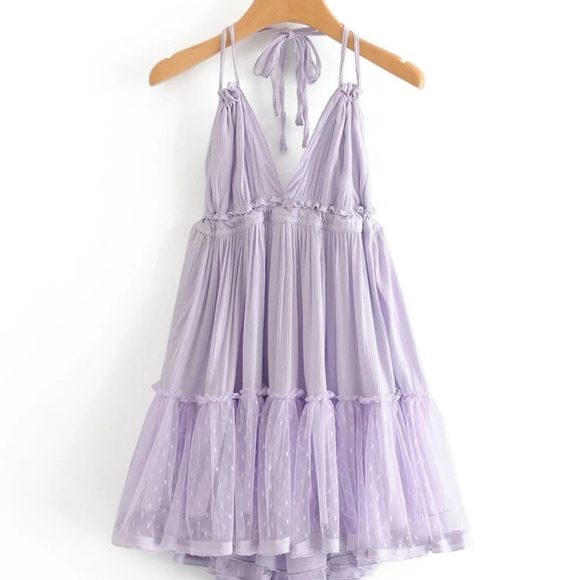 Lilac / Lavender Purple Boho Halter Dress - Picture 3 of 16